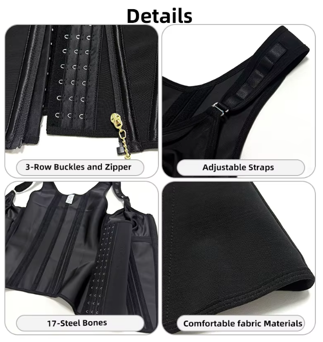 Waist Trainer Tummy Control Vest Body Shaper 17 Steel Bones 3-Row Hooks Zipper Adjustable Strap